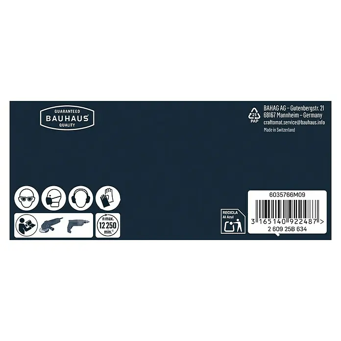 Craftomat Schleifblatt-Set - Durchmesser: 125 mm, 10 Stk., Körnung: 80 - Produktverpackung mit Bauhaus-Qualitätsgarantie, Sicherheitsymbolen und Recyclinghinweisen sowie Barcode und Herstellerinformationen.