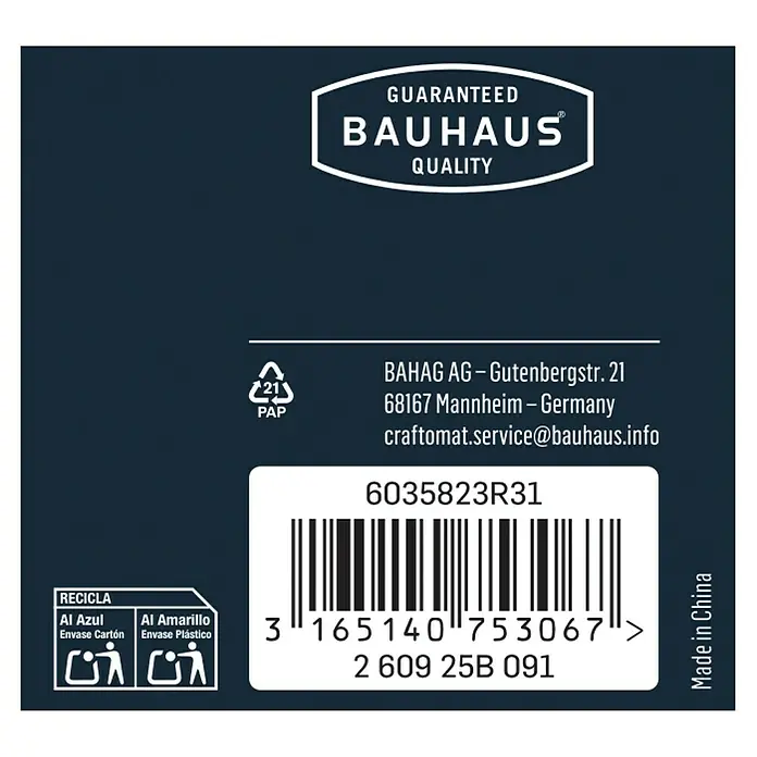 Craftomat Zweilochschlüssel Gekröpft - Geeignet für: Winkelschleifer - Produktverpackung mit Bauhaus-Qualitätsgarantie, Recyclinghinweisen und Barcode für einfache Rückverfolgung.