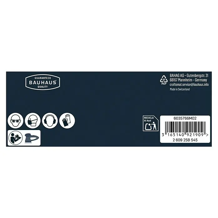 Craftomat Schleifblätter BFCC - Durchmesser: 125 mm, Körnung: 400, Gelocht - Produktdetails: Bauhaus Qualitätsgarantie, Schutzsymbole, Recyclinghinweis und Barcode für einfache Identifizierung.