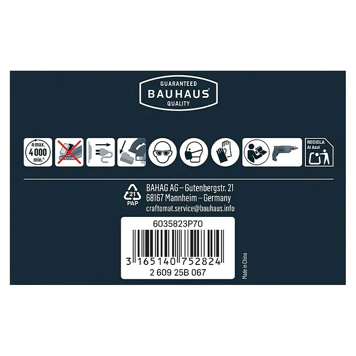 Craftomat Schwabbelscheibe - Durchmesser: 85 mm, Breite: 10 mm - Produktetikett von Bauhaus mit Garantie-Qualitätshinweis, Sicherheitsvorkehrungen und Recycling-Symbol.