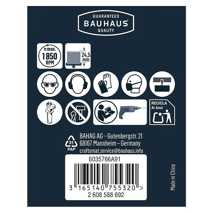 Craftomat Lochsäge - 65 mm, ¼″ Sechskant - Abbildung mit Sicherheitshinweisen, Bauhaus Qualitätsgarantie,Barcode,Produktinformationen und Herstellungsort.