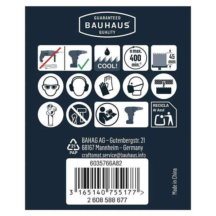 Craftomat Diamant-Lochsäge Keramik - 68 mm, Schnitttiefe: Max. 35 mm - Produktetikett mit Bauhaus Qualitätsgarantie, Sicherheits- und Recyclinghinweisen sowie Barcode für einfache Identifizierung.