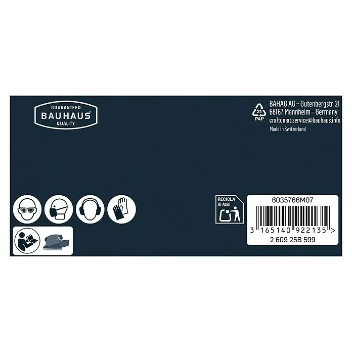 Craftomat Schleifblätter-Set - 6 Stk., Passend für: Black & Decker - Das Bild zeigt eine Verpackung mit dem Bauhaus-Logo und Sicherheitshinweisen, zusammen mit Recycling- und Barcode-Informationen.