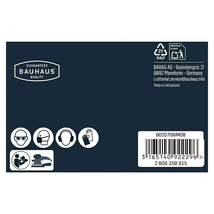 Craftomat Schleifblätter-Set - L x B: 186 x 93 mm, 10 Stk., Klettverschluss - Produktverpackung mit Bauhaus-Qualitätssiegel, Recyclinghinweisen, Herstellerinformationen, Sicherheitsvorkehrungen und Barcode.