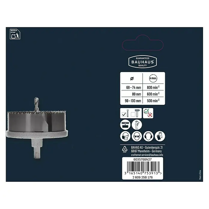 Craftomat Mehrkranzlochsäge - 68 mm - 100 mm, Stahl, Schnitttiefe: Max. 31 mm - Produktverpackung einer Bauhaus Lochsäge, die Qualitätsmerkmale, Größenangaben und Sicherheitsinformationen auf der Packung hervorhebt.
