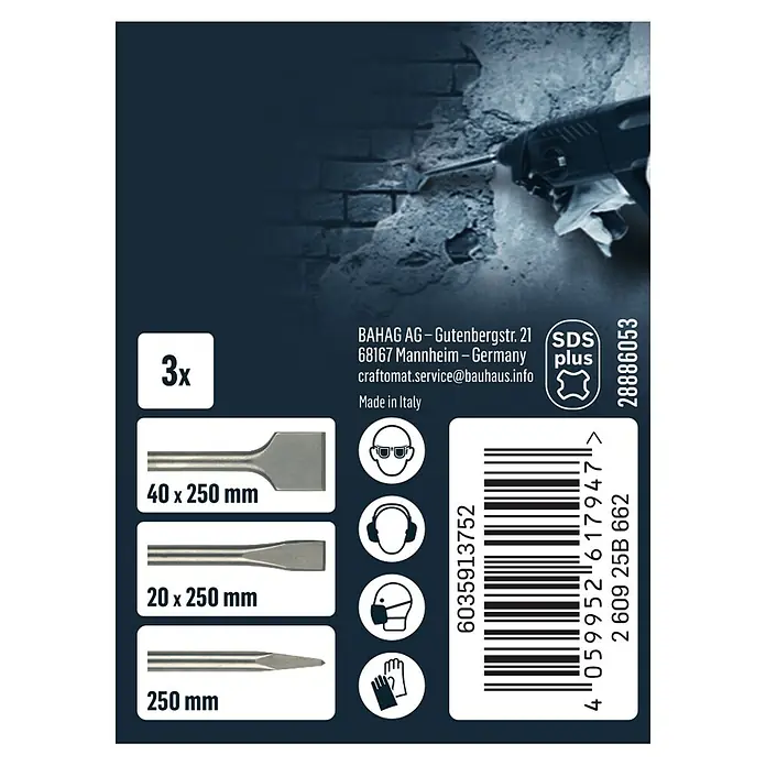 Craftomat Meißel-Set - 3 -tlg., SDS Plus - Produktverpackung: Set mit 3 SDS Plus Meißeln in verschiedenen Größen für Bohrmaschinen.
