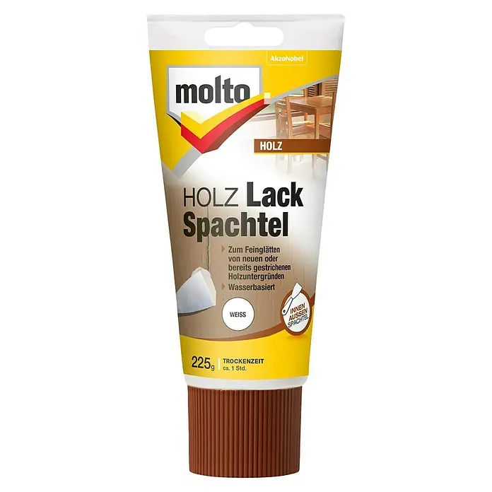 Molto Holz-Lackspachtel - 225 g, Tube - Ein Bild von Molto Holz Lack Spachtel, einem Produkt zur Holzreparatur. Es ist weiß und kommt in einer 225g-Packung mit braunem Boden.