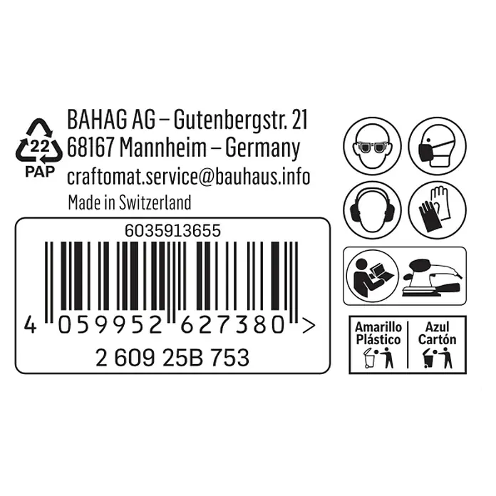 Craftomat Schleifpapier - Körnung: 40, 93 x 5.000 mm - Ein Etikett mit Herstellerinformationen, Recyclinghinweisen und Warnsymbolen für ein Elektrowerkzeug.