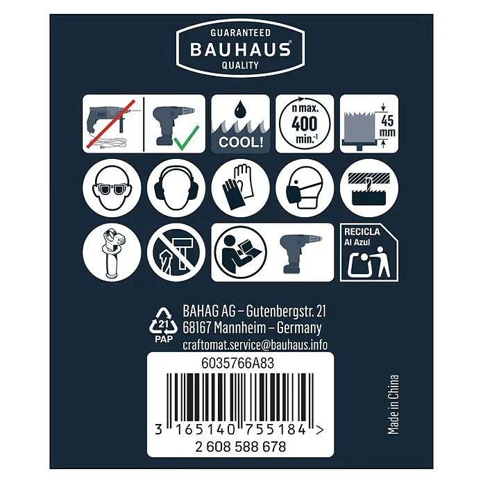 Craftomat Diamant-Lochsäge Keramik - 74 mm, Schnitttiefe: Max. 35 mm - Abbildung mit Sicherheitshinweisen, Bauhaus-Qualitätsgarantie, Kontaktdaten und Barcode für ein Produkt.