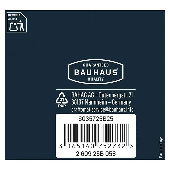 Craftomat Lamellenschleifer - Körnung: 120, Durchmesser: 60 mm - Detailansicht der Produktverpackung mit Hinweisen zur Wiederverwertung, Bauhaus Qualitätsgarantie und Herstellungsdetails.