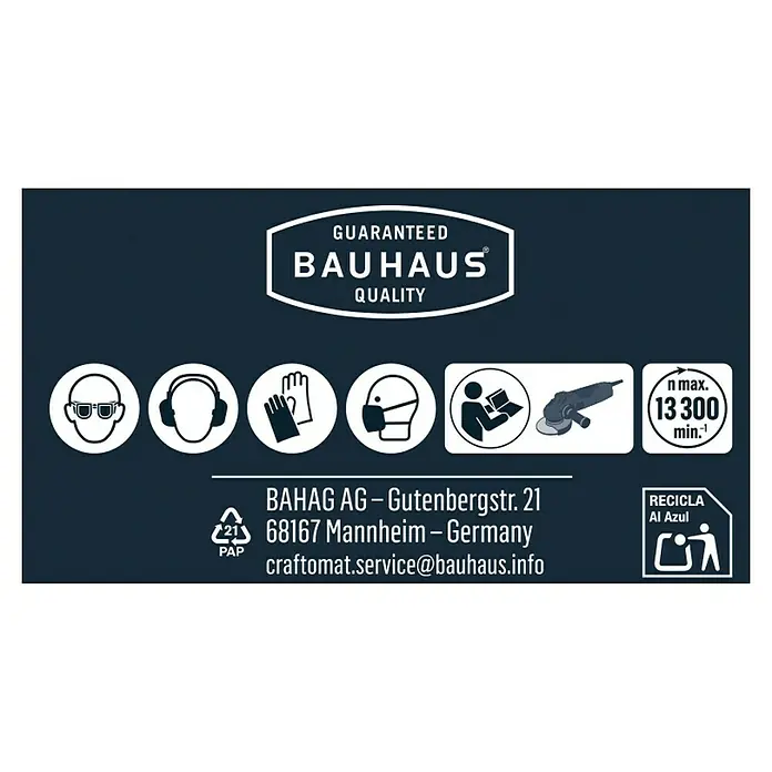 Craftomat Gummischleifteller Klett für Winkelschleifer - Durchmesser Scheibe: 115 mm, Bohrung: 14 mm, 1 Stk. - Etikett mit Sicherheitsvorkehrungen, Garantiesiegel von Bauhaus, Adresse und Recyclinghinweisen für Elektrowerkzeuge.