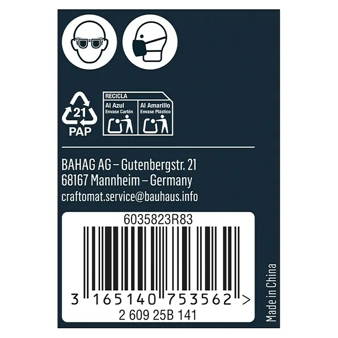 Craftomat Tiefenstopp-Set - 5 -tlg. - Produktverpackung mit Sicherheits- und Recyclinghinweisen, inklusive Barcode und Herstellerinformationen.