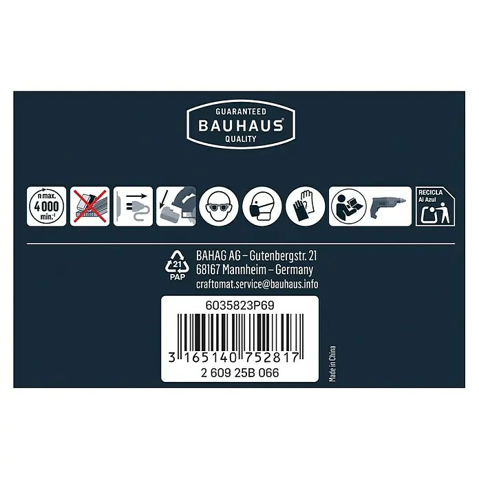 Craftomat Polierfilz - Durchmesser: 85 mm, Breite: 15 mm - Abbildung des Bauhaus Produktetiketts, das Garantiesiegel, Sicherheitsinformationen, Barcode und Herstellungsdetails enthält.