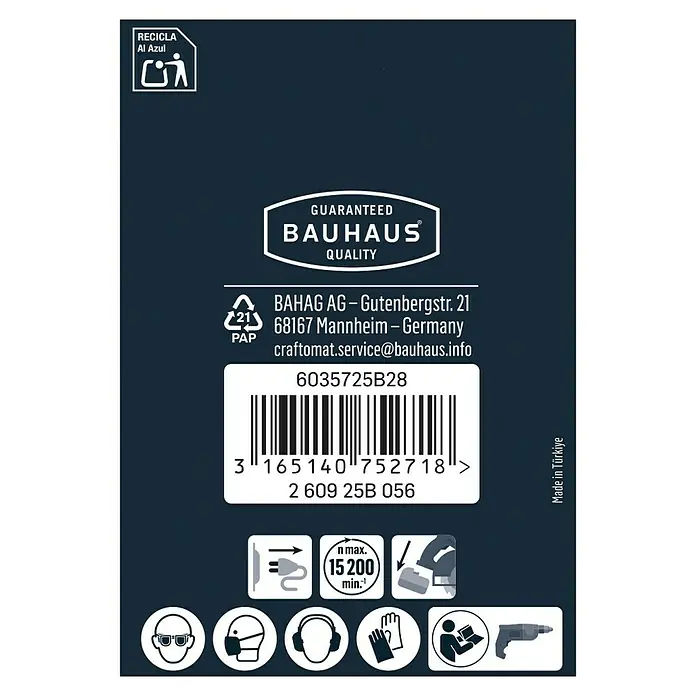 Craftomat Lamellenschleifer - Durchmesser: 50 mm, Körnung: 150 - Produktinformationen: Bauhaus Qualitätsgarantie, Recyclinghinweis, Kontaktdaten, Barcode, Sicherheitshinweise und Herstellungsort.
