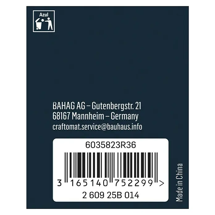 Craftomat Bohrfutterschlüssel - 10 mm - Produktetikett mit Angaben zu Hersteller, Adresse, E-Mail, Barcode und Herstellungsort.