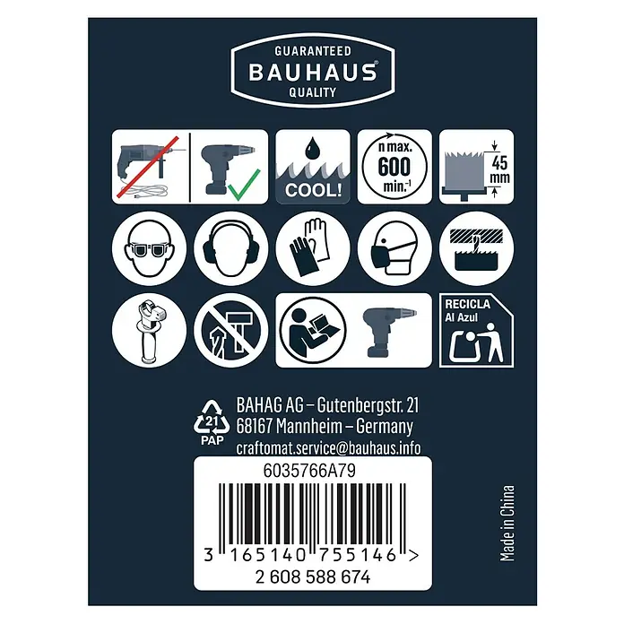 Craftomat Diamant-Lochsäge Keramik - 53 mm, Schnitttiefe: Max. 35 mm - Produktetikett mit Sicherheitshinweisen und Herstellerinformationen von Bauhaus.