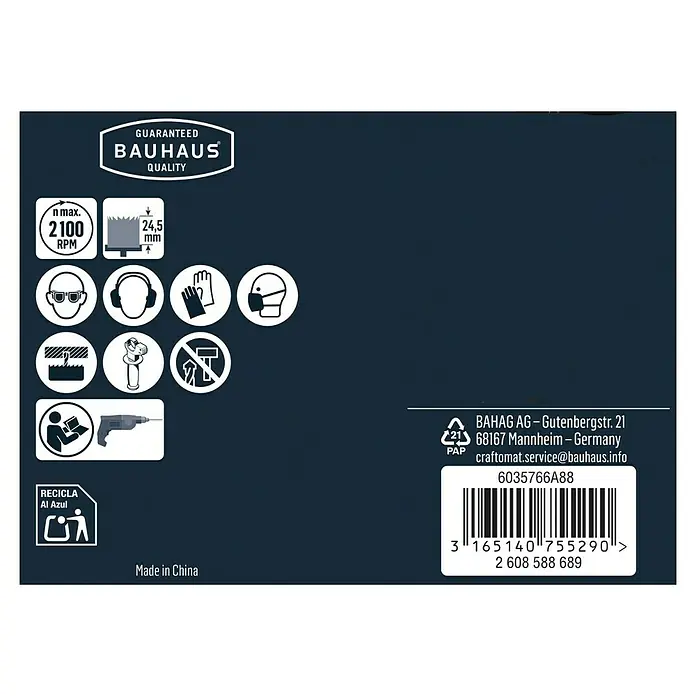 Craftomat Lochsäge - 48 mm, Durchmesser Schaft: ¼″ Hex - Produktverpackung mit Bauhaus Qualitätsgarantie, Sicherheits- und Recyclinghinweisen, Hergestellt in China.