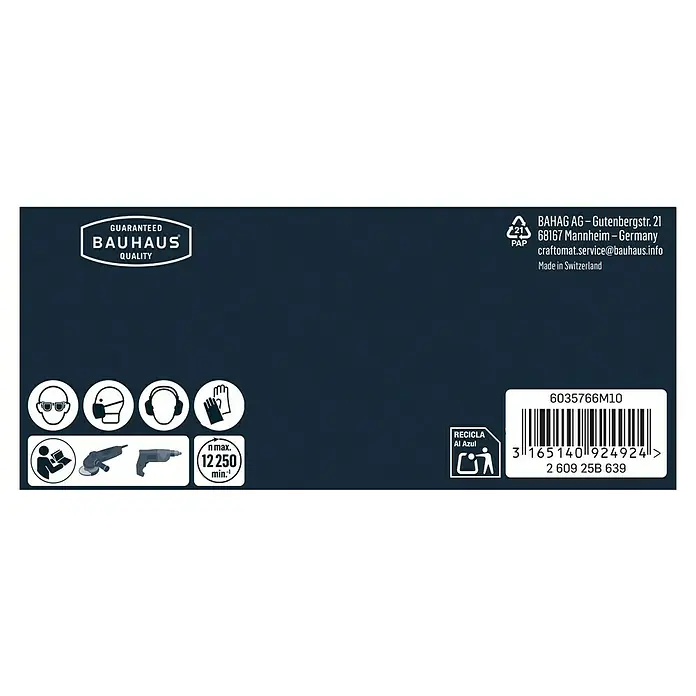 Craftomat Schleifblatt-Set - Durchmesser: 125 mm, Körnung: 24, 5 Stk. - Produktverpackung mit Bauhaus-Logo, Sicherheitsvorkehrungen, Recyclinghinweis und Barcode. Hergestellt in der Schweiz.