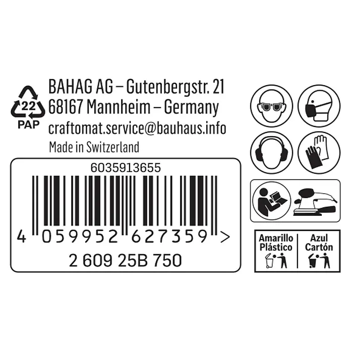 Craftomat SchleifpapierKörnung: 80, 93 x 5.000 mm - Etikett mit Produktdetails, Recyclinghinweisen, Sicherheitsvorkehrungen und Barcode für einfache Identifizierung und Handhabung.
