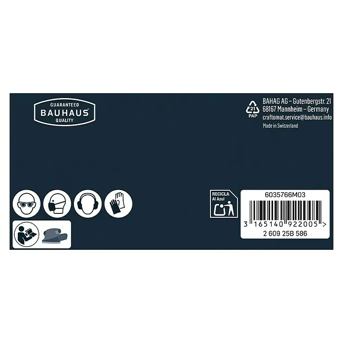 Craftomat Schleifblätter EFWP - L x B: 170 x 100 mm, Körnung: 80, 5 Stk. - Produktverpackung mit Bauhaus-Qualitätssiegel, Recyclinghinweisen und Sicherheitsvorkehrungen für den Gebrauch.