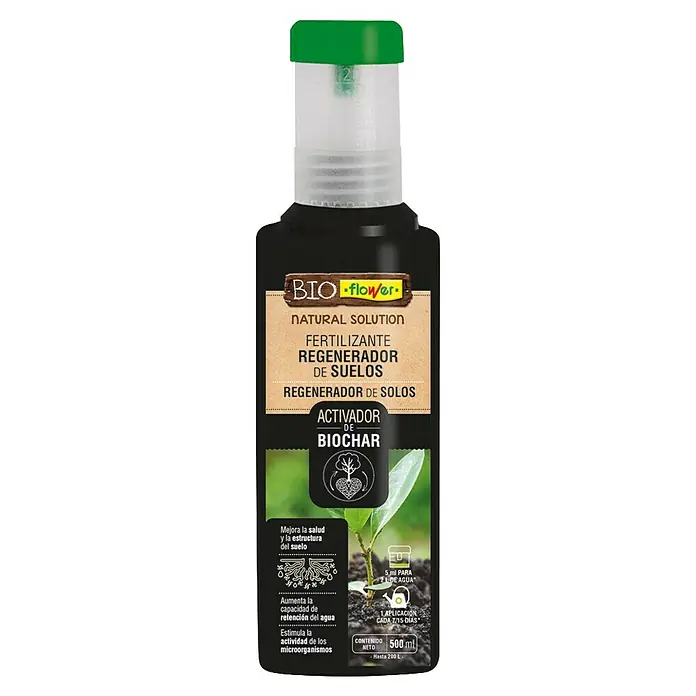 Flower Fertilizante líquido Biochar - 500 ml - Regenerador de suelo Bio-Flower con activador de biochar, 500 ml. Solución natural para mejorar la salud y la estructura del suelo.