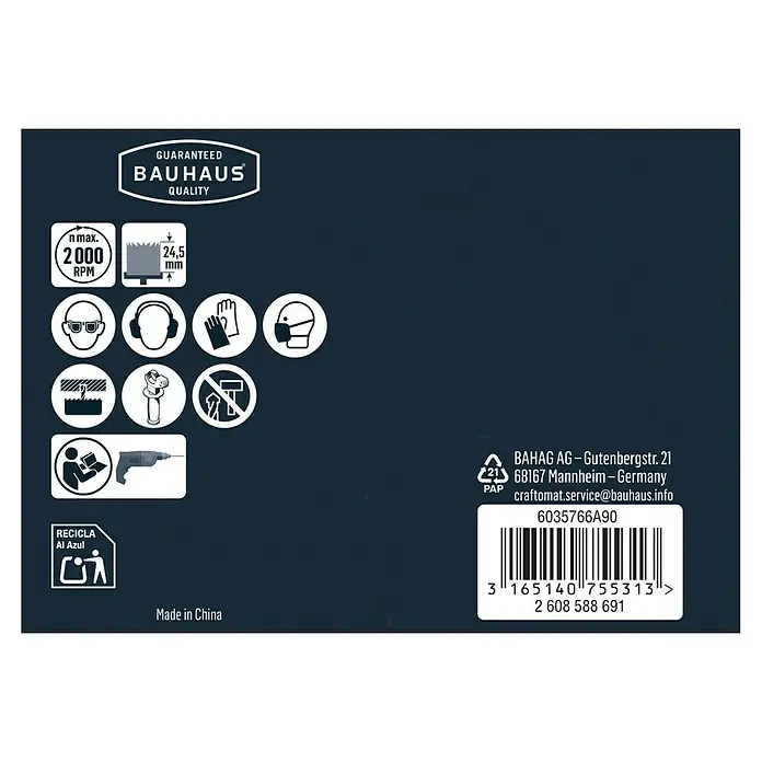 Craftomat Lochsäge - 60 mm, Durchmesser Schaft: ¼″ Hex - Produktverpackung mit Sicherheits- und Recyclinghinweisen, Bauhaus Qualitätsgarantie und Herstellungsort China.