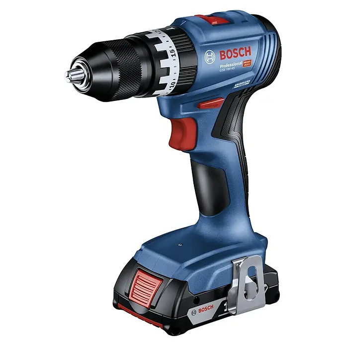 Bosch Professional AMPShare 18V Taladro atornillador percutor de batería GSB 18V-45 - 18 V, 1 batería, 2 Ah - Un taladro inalámbrico azul Bosch GSB 18V-45 Professional con un gatillo rojo y un portabrocas negro sobre un fondo negro.