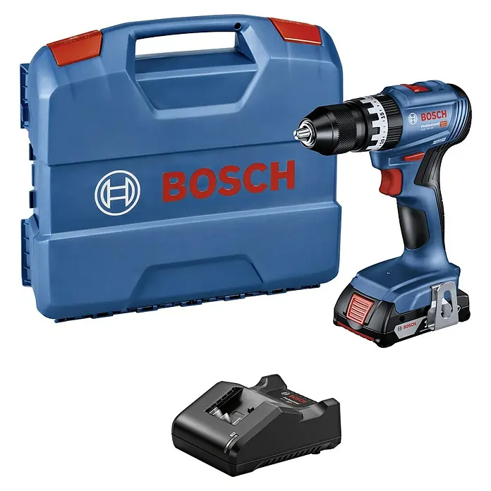 Bosch Professional AMPShare 18V Akku-Schlagbohrschrauber GSB 18V-45 - 18 V, 1 Akku, 2 Ah - Bosch Akku-Bohrschrauber mit Ladegerät und Koffer, ideal für professionelle Anwendungen. Leistungsstark und vielseitig einsetzbar.