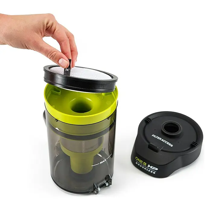 Ryobi Ersatzfilter - Passend für: Ryobi ONE+ Akku-Staubsauger RASV18BL-0 - Bild eines Ryobi ONE+ HP Akku-Staubsaugers, der den Filterbehälter zeigt, der vom Hauptgerät getrennt wird.