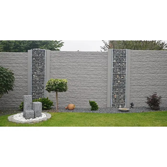 Beckers Betonzaun Zaunelement Standard Fels Motiv - 200 x 38,5 cm, Beton, Betongrau - Gartenzaun mit Gabionensäulen, grauen Betonplatten und dekorativen Elementen. Eine moderne und stilvolle Gartengestaltung.