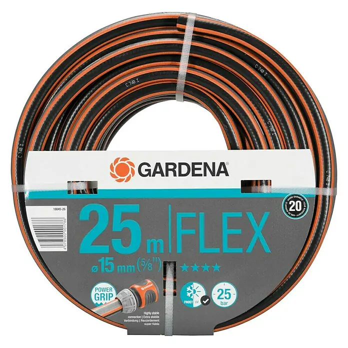 Gardena Manguera para jardín - Ø x L: 15 mm x 25 m - Imagen de un rollo de manguera de jardín Gardena Flex enrollado con una longitud de 25 m y un diámetro de 15 mm.
