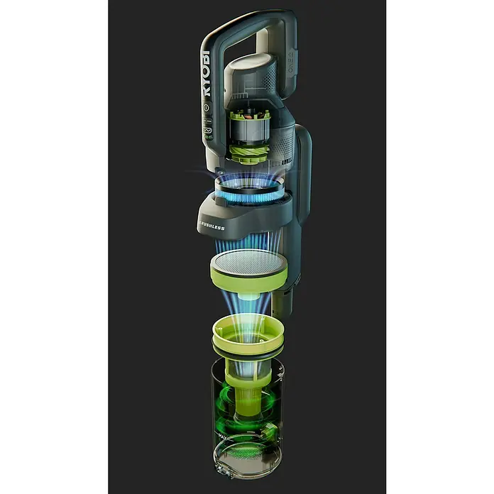 Ryobi Ersatzfilter - Passend für: Ryobi ONE+ Akku-Staubsauger RASV18BL-0 - Produktansicht des Ryobi Akku-Staubsaugers mit abnehmbaren Teilen und transparentem Staubbehälter zur einfachen Reinigung.
