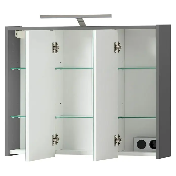 Schildmeyer LED-Spiegelschrank Carlos/Flag - B x H: 74,5 x 64 cm, Holz, Anthrazit - Grau-weißer Badezimmerschrank mit offenen Türen, Glasböden, interner Steckdose und oberer Lichtleiste.