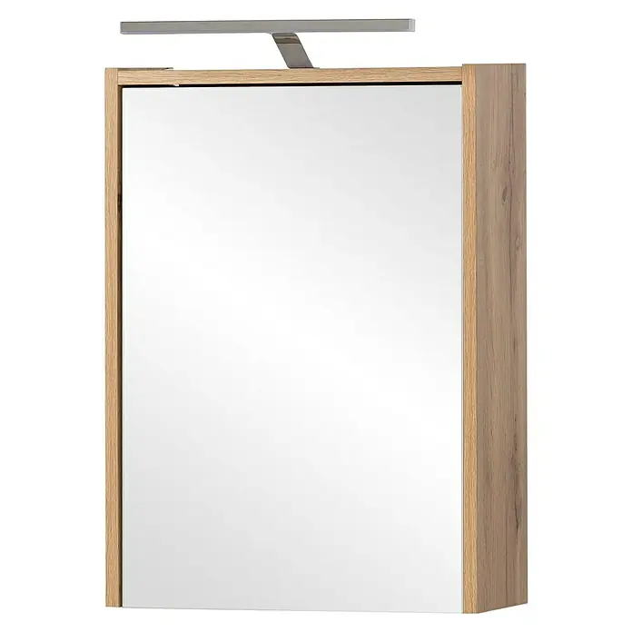 Schildmeyer LED-Spiegelschrank Carlos/Flag - B x H: 43,5 x 64 cm, Holz, Eiche Landhaus - Rechteckiger Spiegelschrank mit hellem Holzrahmen und integrierter LED-Lichtleiste oben.