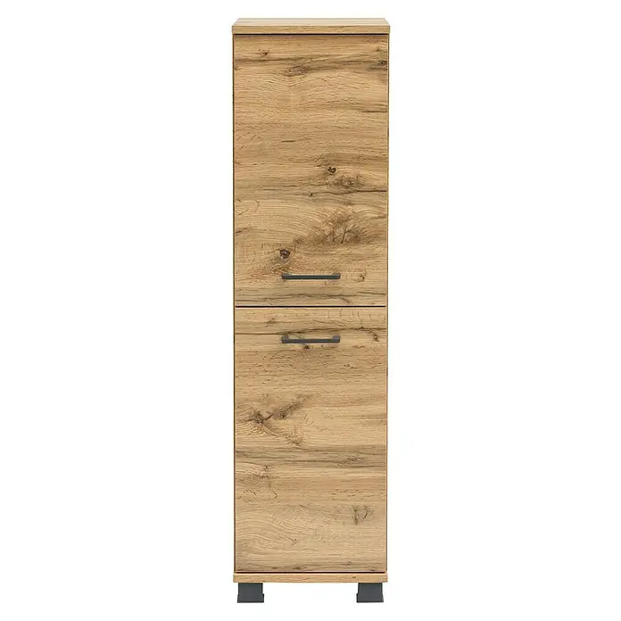 Schildmeyer Nora  Highboard - B x T x H: 30,3 x 32,6 x 116,9 cm, Eiche Landhaus, Matt - Hoher Schrank in heller Eichenoptik mit zwei Schubladen und dunkelgrauen Griffen.
