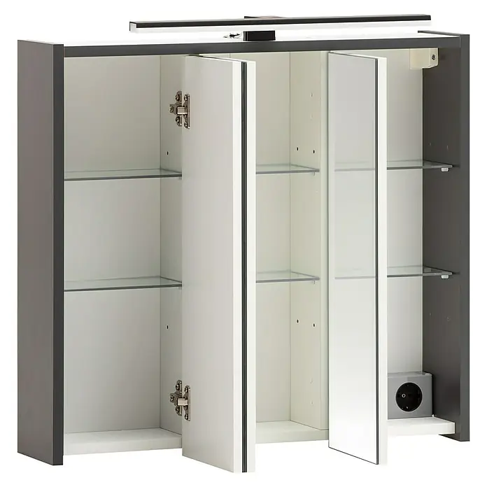 Schildmeyer LED-Spiegelschrank Pandora/Palermo - B x H: 65 x 62,7 cm, Holz, Anthrazit - Grau-weißer Badezimmerschrank mit offenen Spiegeltüren, internen Glasregalen, integrierter Beleuchtung und Steckdose.