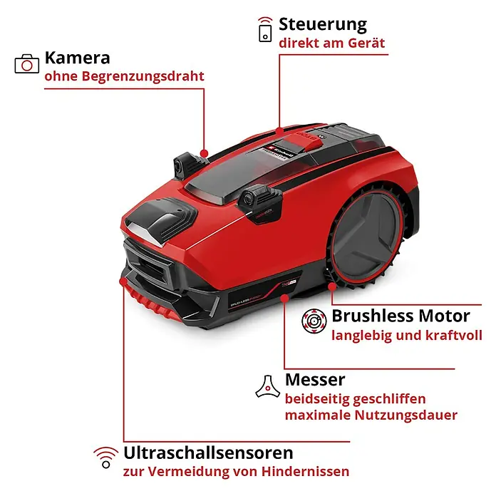 Einhell PXC 18V Mähroboter FREELEXO CAM 500 - 500 m², Schnittbreite: 18 cm, Kamera-gestützte Navigation - Roter und schwarzer Mähroboter mit Kamera, bürstenlosem Motor und Ultraschallsensoren zur Hindernisvermeidung.