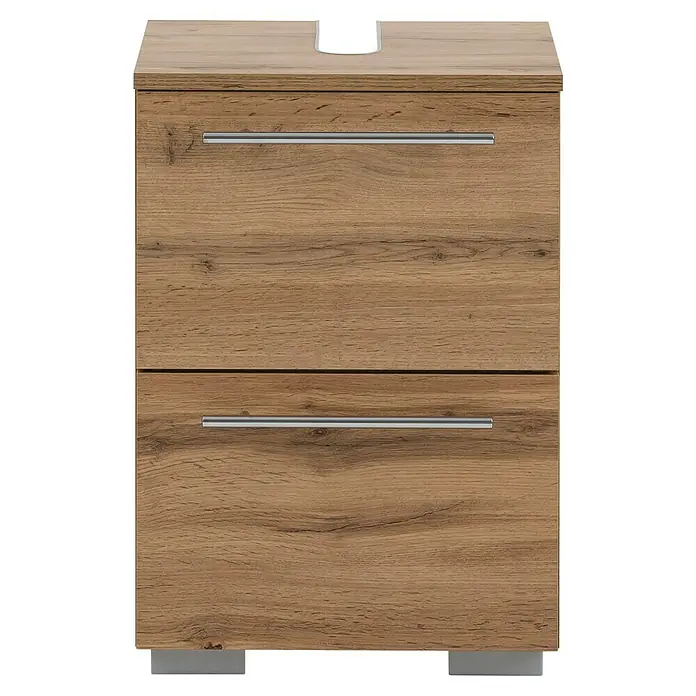 Schildmeyer Carlos Waschtischunterschrank - B x T x H: 40,2 x 35 x 59,1 cm, Eiche Landhaus, Matt - Helles Badezimmermöbel in Eichenoptik mit zwei Schubladen und Chromgriffen, mit Aussparung für ein Waschbecken.