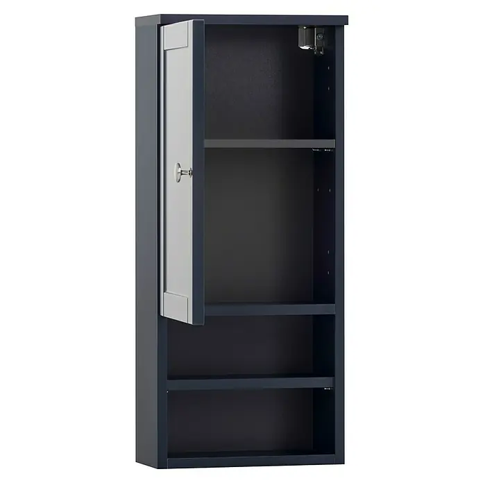 Schildmeyer Jesper Oberschrank - B x T x H: 30,3 x 16 x 70 cm, Nachtblau, Matt - Dunkelblauer Hängeschrank mit offener hellgrauer Tür und mehreren Einlegeböden.
