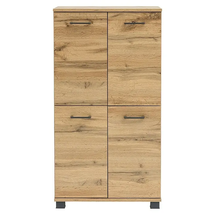 Schildmeyer Nora  Highboard - B x T x H: 59,8 x 32,6 x 116,9 cm, Eiche Landhaus, Matt - Helle Holzoptik-Kommode mit vier Türen/Schubladen und dunkelgrauen Griffen.