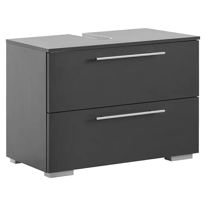 Schildmeyer Carlos Waschtischunterschrank - B x T x H: 80,2 x 35 x 59,1 cm, Anthrazit, Matt - Dunkelgrauer Waschtischunterschrank mit zwei Schubladen, heller Platte und silbernen Griffen.
