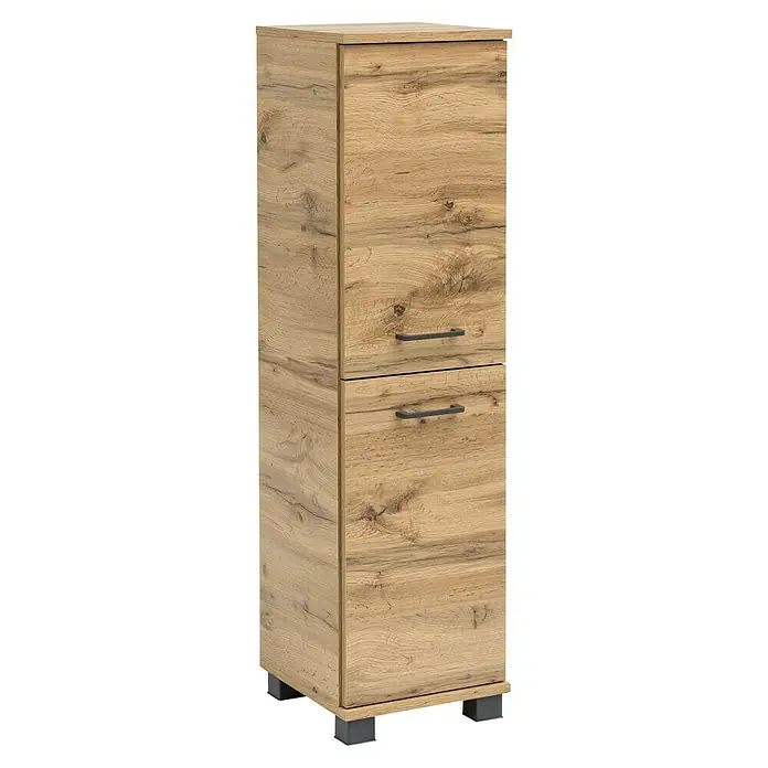 Schildmeyer Nora  Highboard - B x T x H: 30,3 x 32,6 x 116,9 cm, Eiche Landhaus, Matt - Hoher Schrank in heller Holzoptik mit zwei Türen/Schubladen und dunkelgrauen Griffen, auf dunkelgrauen Füßen.