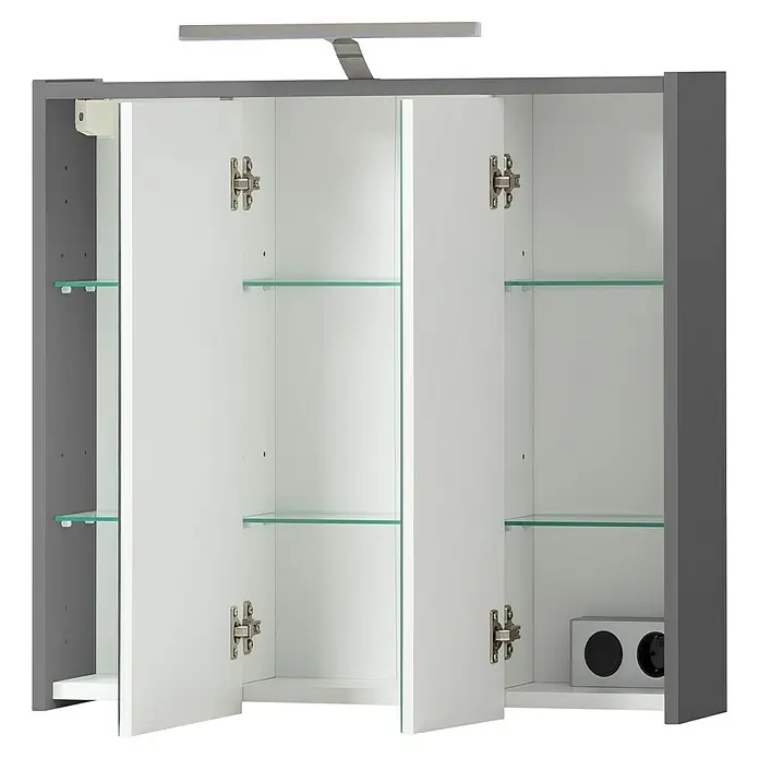 Schildmeyer LED-Spiegelschrank Carlos/Flag - B x H: 65 x 64 cm, Holz, Anthrazit - Offener grauer Badezimmerspiegelschrank mit weißer Innenausstattung, Glasböden, integrierter Beleuchtung und Steckdose.