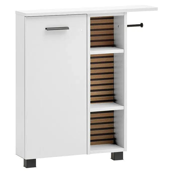 Schildmeyer Katta Midischrank - B x T x H: 70,7 x 17 x 74,3 cm, Weiß/Braun, Matt - Weißer Schuhschrank mit einer Tür, offenen Regalfächern mit Holzlamellenrückwand und einer Kleiderstange. Mit schwarzem Griff und Füßen.