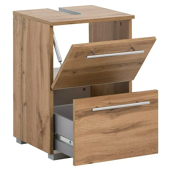 Schildmeyer Carlos Waschtischunterschrank - B x T x H: 40,2 x 35 x 59,1 cm, Eiche Landhaus, Matt - Hellbrauner Waschtischunterschrank aus Holz mit geöffneter oberer Tür und unterer Schublade, graue Innenräume, Chromgriffe. Oberer Ausschnitt für ein Waschbecken.