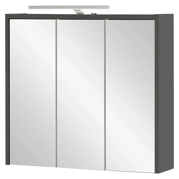 Schildmeyer LED-Spiegelschrank Carlos/Flag - B x H: 65 x 64 cm, Holz, Anthrazit - Dreitüriger Spiegelschrank für das Bad mit dunkelgrauem Rahmen und integrierter Beleuchtung.