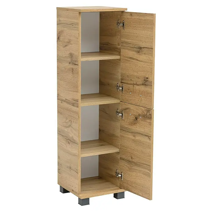 Schildmeyer Nora  Highboard - B x T x H: 30,3 x 32,6 x 116,9 cm, Eiche Landhaus, Matt - Heller Holzschrank mit offener Tür, zeigt mehrere Einlegeböden und Scharniere.