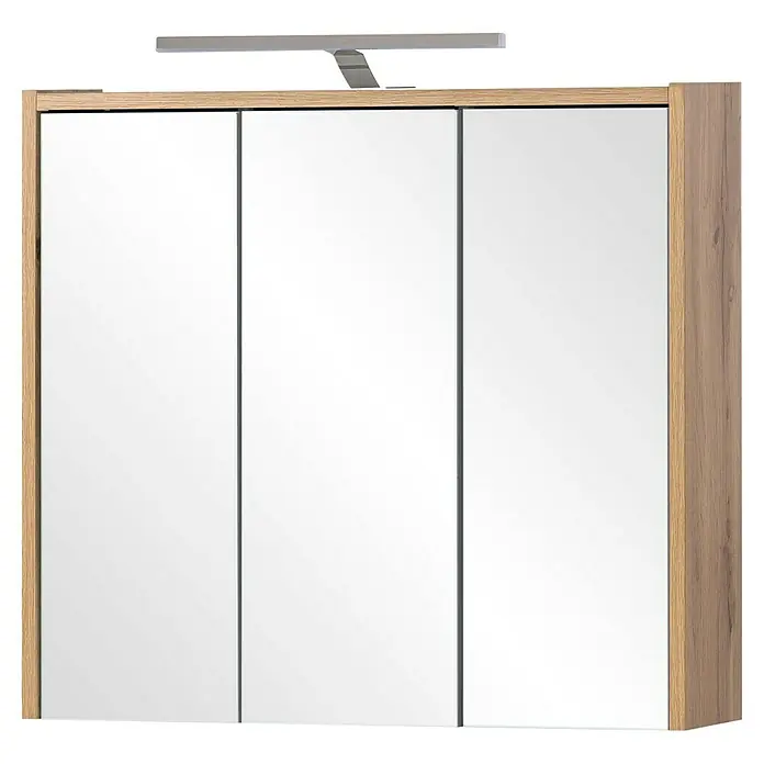 Schildmeyer LED-Spiegelschrank Carlos/Flag/Dex - B x H: 65 x 64 cm, Holz, Eiche Landhaus - Badezimmerschrank aus hellem Holz mit drei Spiegeltüren und integrierter silberner Beleuchtung.