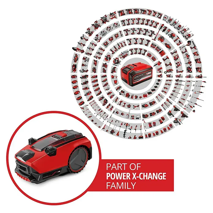 Einhell PXC 18V Mähroboter FREELEXO CAM 500 - 500 m², Schnittbreite: 18 cm, Kamera-gestützte Navigation - Roter und schwarzer Mähroboter, Teil der Einhell Power X-Change Familie mit Akku und verschiedenen Werkzeugen.