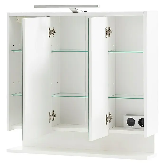 Schildmeyer Spiegelschrank Flag - B x H: 74,5 x 71,4 cm, Holz, Weiß Glänzend - Weißer Badezimmerspiegelschrank mit drei offenen Türen, Glasböden, Oberlicht und interner Steckdose.